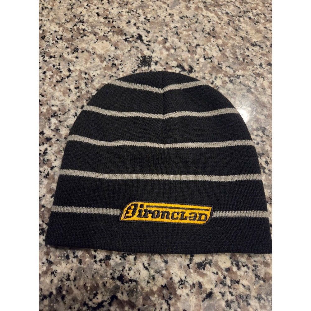 Ironclad Beanie Hat Unisex One Size Black Striped Knit Logo Skull Cap